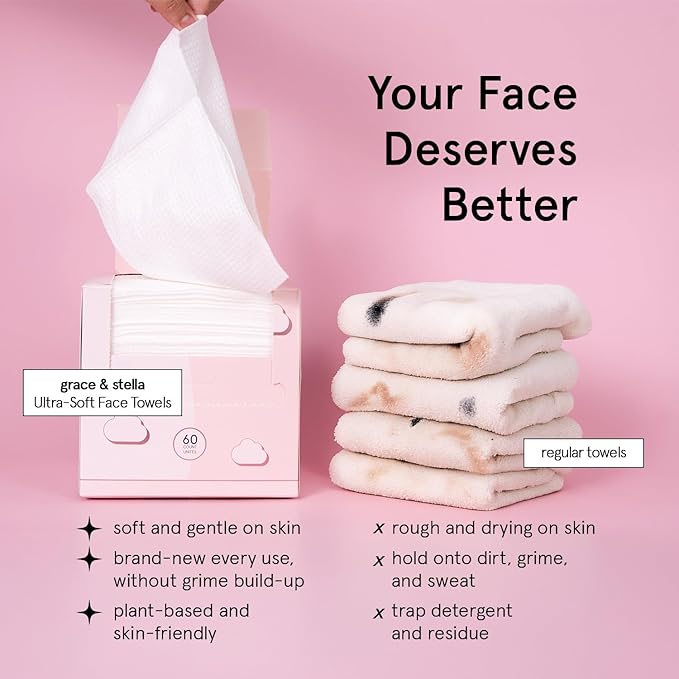 grace & stella Disposable Face Towels - Travel Essentials - Ultra-Soft & Absorbent Face Wipes Towelettes - XL Facial Towels for Cleansing & Makeup Removal - Lint-Free Facial Tissue - Vegan (60 Count)