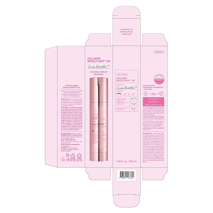 VT COSMETICS Collagen Reedle Shot 100, Microneedling Serum, Firming & Elasticity, 500Da Collagen Extract, Soft & Glass Skin, Pink Serum, Korean Skin Booster 1.69Fl Oz(50ml)