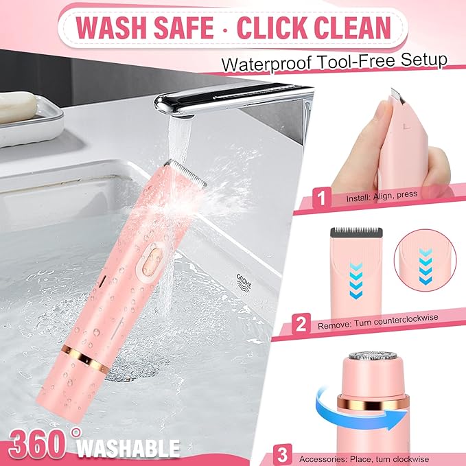 Women's Bikini Trimmer, 2-in-1 Electric Shaver for Bikini Line, Legs, Underarms, Face - Waterproof Women's Electric Shaver for Sensitive Skin, USB Rechargeable (Pink)
