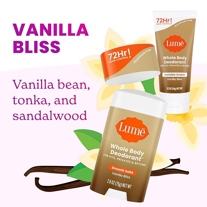 Lume Whole Body Deodorant - Invisible Cream Mini + Solid Stick Bundle - 72 Hour Odor Control - Aluminum & Baking Soda Free, Skin Loving - 0.5 Oz Mini Tube + 2.6 Oz Solid Stick (Vanilla Bliss)