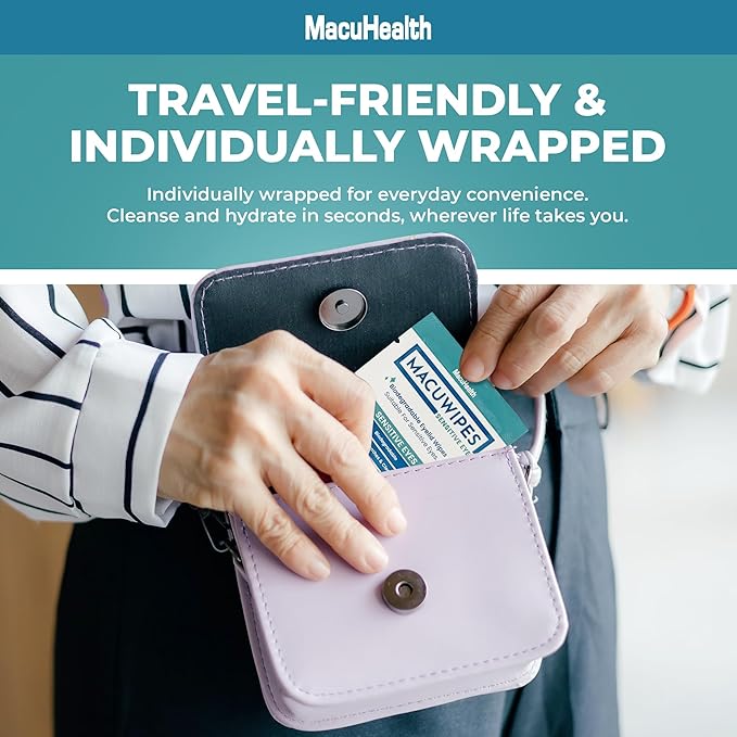 MacuHealth MacuWipes Sensitive - Pre-Moistened Eyelid Wipes for Dry, Sore & Gritty Eyes, Alcohol-Free, Rinse-Free Formula with Tea Tree Oil & Micellar Water, Individually Wrapped - 20 Count