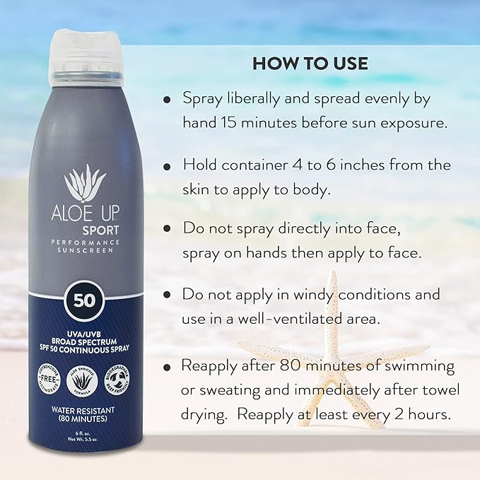 ALOE UP Sport Continuous Spray Sunscreen SPF 50 - Broad Spectrum UVA/UVB Sunscreen Protector for Face and Body - With Aloe Vera Gel - Fast Absorbing Sheer Formula - Reef Safe - Fragrance-Free - 6 Oz
