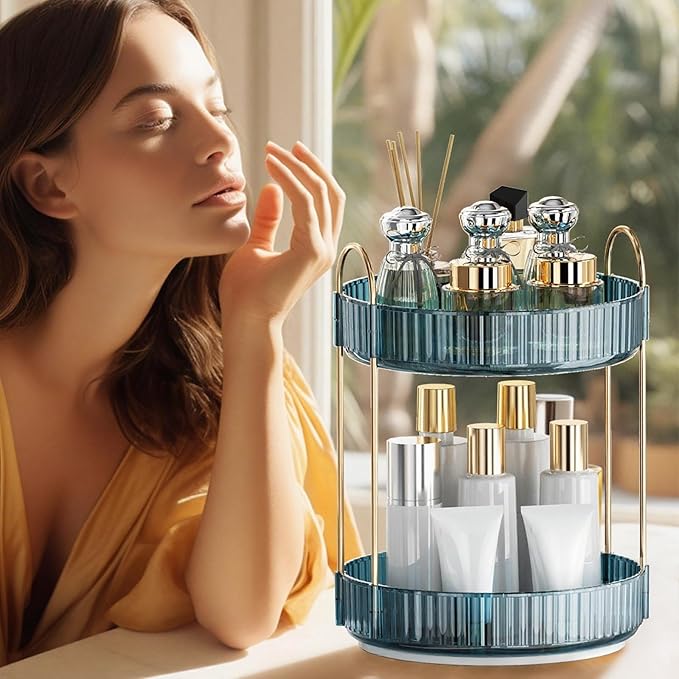 360° Rotating Makeup Organizer, Bathroom Organizers and Storage Holder Rack, Large Capacity Vanity Shelf Countertop, Fits Cosmetics, Perfume, Skin Care(Blue, 2 Tiers)