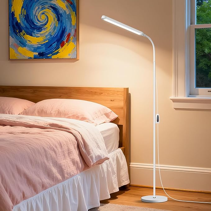 White LED Reading Floor Lamp, Bright 12W Dimmable Standing Light, Adjustable Gooseneck,3 Color Temperatures 5 Gears Brightness, Living Room Bedroom office Library Work makeup tattoo lash Desk Lamp