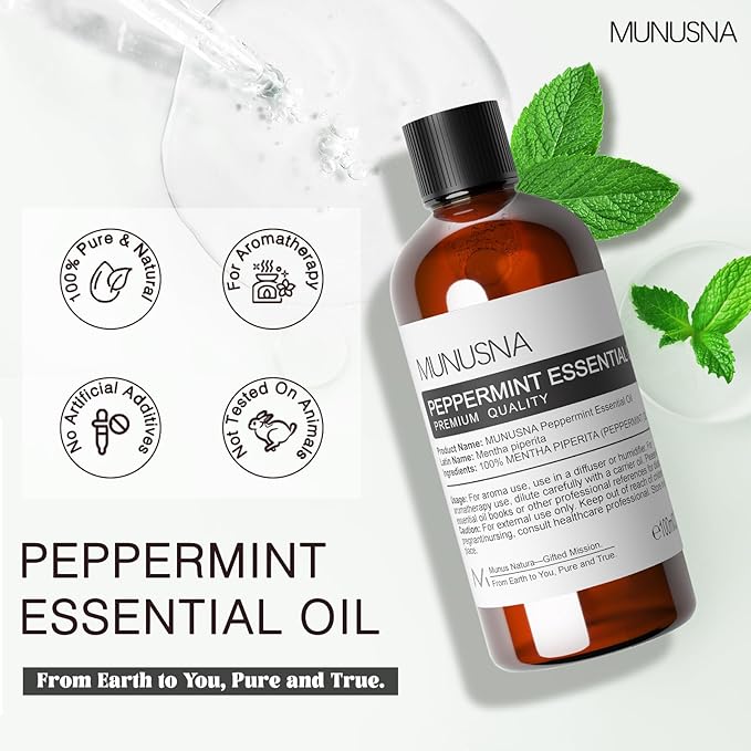 Peppermint Essential Oil, 100% Pure & Natural Peppermint Oil 100ML, Premium Grade Aromatherapy Oil for Skin Body Hair Care, Freshening Air, Mood, Diffuser, Massage, Soap and Candle Making