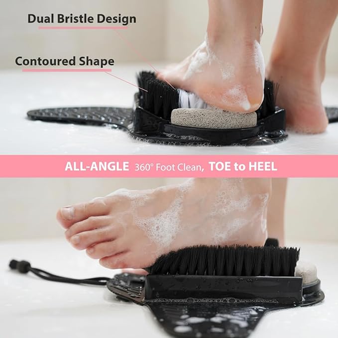 Efforest Shower Foot Scrubber Mat with Pumice Stone - Cleans, Smooths & Removes Dead Skin on Foot Without Bending, Foot Callus Remover with Non-Slip Suction Cups (Black)