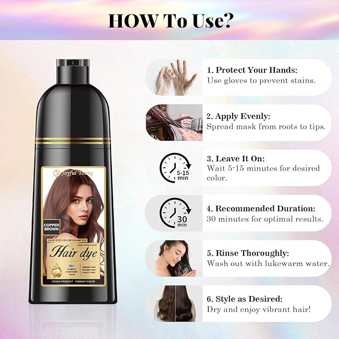 Hair Dye Shampoo 3-in-1 Vegan Color for Gray Hair - Ammonia-Free for Men & Women – Beard & Hair Coloring – Instant Gray Coverage Champú Para Canas Mujer & Hombre (COPPER BROWN)