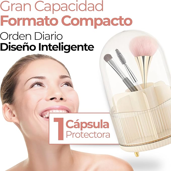 Makeup organizers – A set of 25 transparent plastic organizers in four sizes, ideal for makeup, jewelry, and cosmetics. Includes a rotating brush organizer.