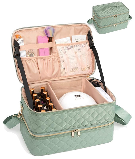Ethereal Nail Polish Organizer Case Holds 50+ Bottles(15ml/0.5fl.oz) and Nail Lamp, Double Layer Nail Polish Storage Bag for Nail Kit, Manicure Tools, Green