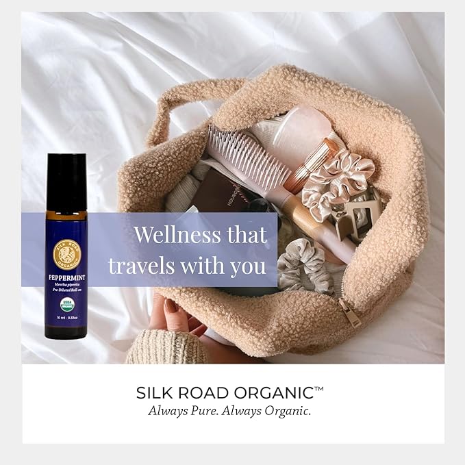 Silk Road Organic Peppermint Essential Oil Roll On, USDA Certified, for Morning Sickness, Motion Sickness & Nausea - 10 ml Aromatherapy Roller