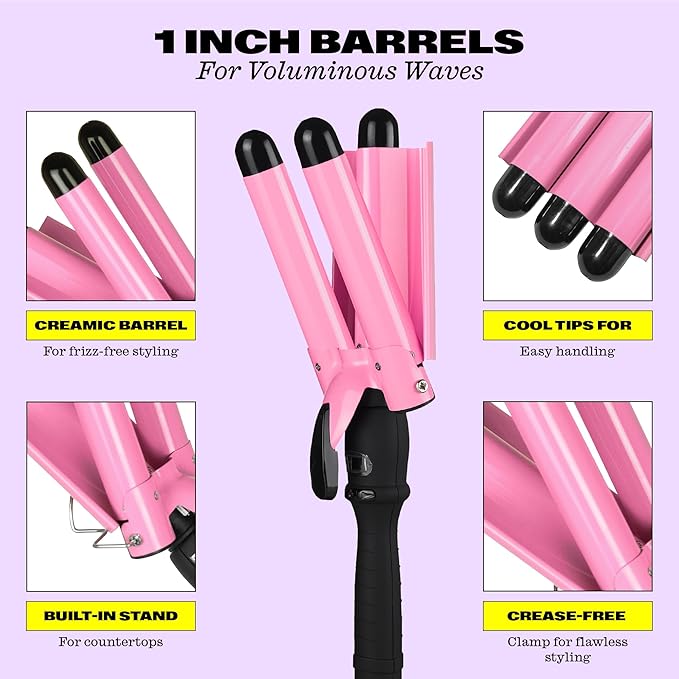 Trademark Beauty Three Barrel Hair Waver, Curling Iron, 1 Inch, Beach Waves, Quick Heat, Babe Waves Original, Adjustable Temperature Hair Curler - Pink