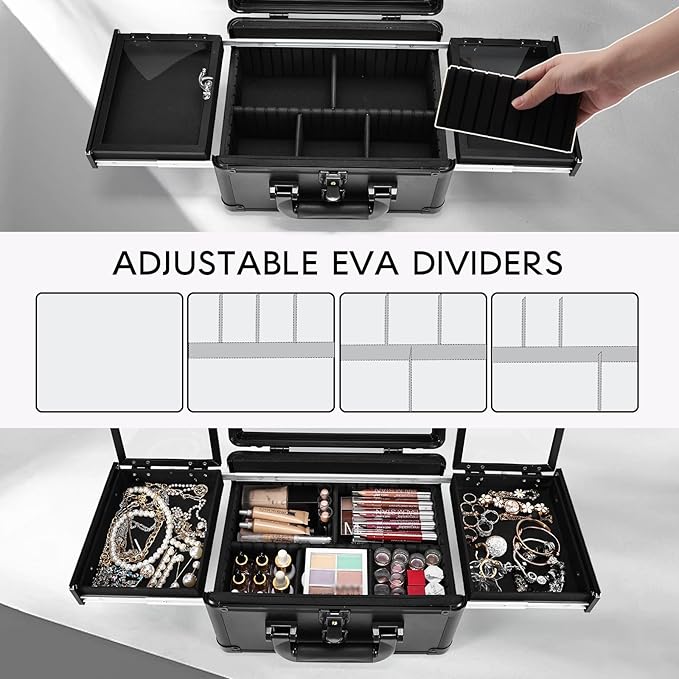 Makeup Case With LED Lighted Mirror 11.2 Inch Travel Makeup Train Case Adjustable Brightness in 3 Colors Cosmetic Organizer Artist Storage Box 2 Trays with Dividers Hard Make Up Vanity Black