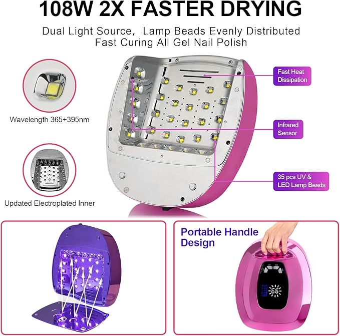 UV LED Nail Lamp Dryers Cordless 108W Rechargeable Portable UV Light for Gel Nails Polish Kit,Fast Curing Poly Builder Gel Lamp with Sensor Metal Base 4 Timer 35 LEDs,Professional Manicure Art Tools
