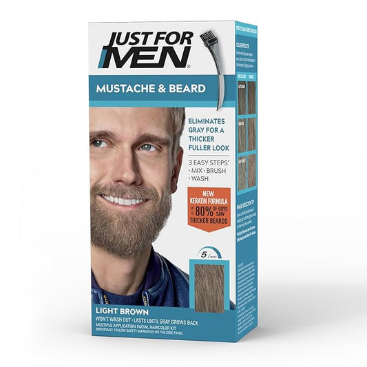 Just For Men Mustache & Beard, Beard Dye for Men with Brush Included, With Keratin Biotin Aloe and Coconut Oil for Healthy Facial Hair - Light Brown, M-25, Pack of 1 (Packaging May Vary)