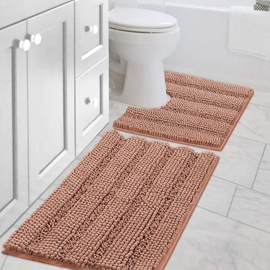 H.VERSAILTEX Bathroom Rugs Bath Rug Set 2 Piece Bathroom Contour Rug Toilet Mat Non Slip Contour Bath Rug Ultra Thick Water Absorbent Striped Bath Mats Washable(20" x 32" Plus 20" x 20" U, Muted Clay)