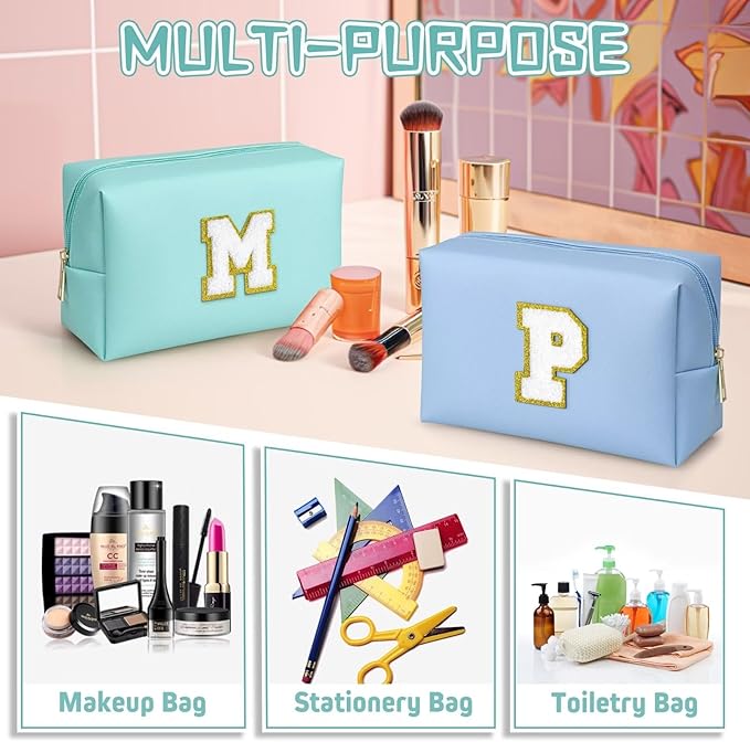 TOPEAST Preppy Patch Makeup Bag, Chenille Letter Pouch Cosmetic Bag, PU Leather Waterproof Toiletry Bag, Personalized Birthday Gift for Women Girl, Cute Stuff for Girls (Blue B)