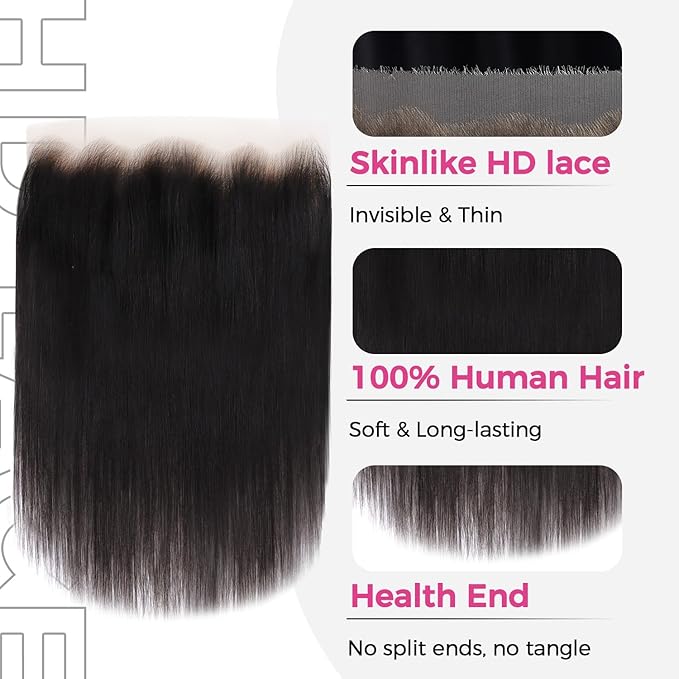 Lashey 13x6 SKINLIKE HD Lace Frontal Human Hair Straight, 0.10mm Ultra-Thin Invisible Melted Swiss Real HD Lace Pre Bleached Knots Pre Plucked Hairline Human Hair 18 Inch