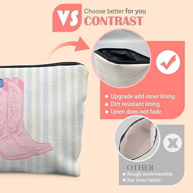 Blue Pink Western Makeup Bag for Women, Cowgirl Gifts for Women, Preppy Western Cosmetic Bag for Purse, Trendy Girly Pink Cowgirl Boot Blue Striped Makeup Zipper Pouch