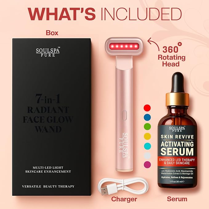 Face Massager 7 in 1 LED Red Light Wand for Face, Neck & Eye – Rose Gold with Activating Serum | Portable Skincare Device Rechargeable Beauty Tool
