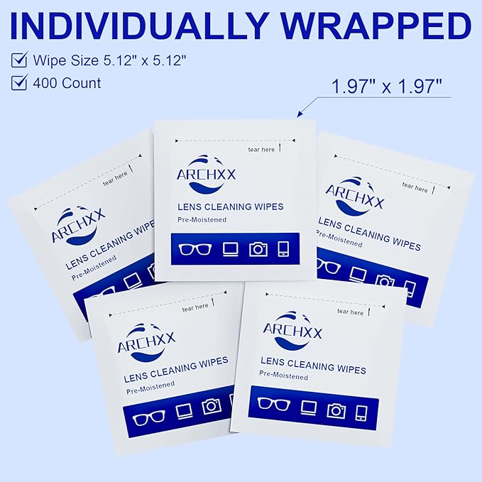 400 Count Lens Wipes for Eyeglasses, +1 Clip-On Pouch Microfiber Lens Cleaner, Individually Wrapped Pre-Moistened Eye Glasses Cleaner Wipes for Glasses, Sunglasses, Camera Lenses, Streak-Free