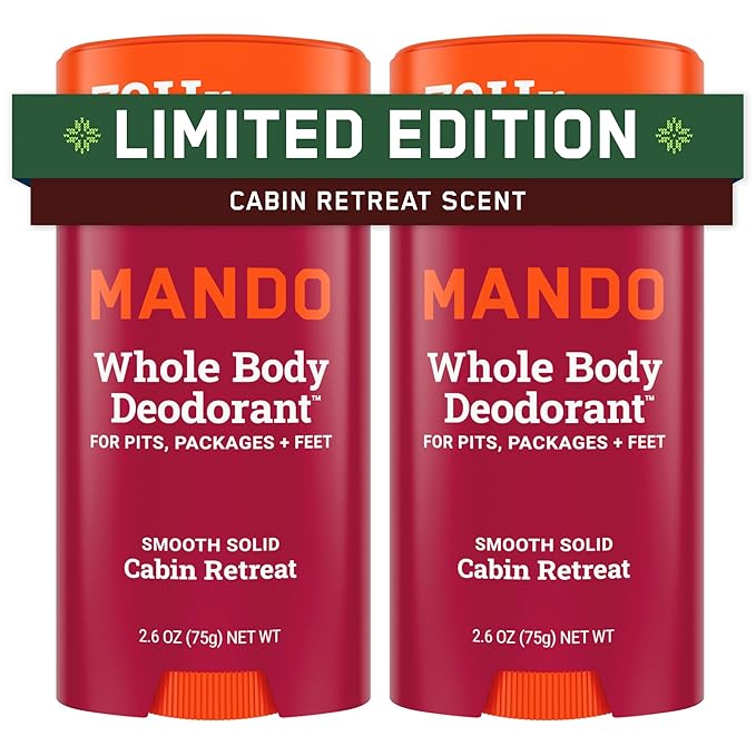 Mando Whole Body Deodorant For Men - Smooth Solid Stick - 72 Hour Odor Control - Aluminum Free, Baking Soda Free, Skin Safe - 2.6 Ounce (Pack of 2) - Cabin Retreat Limited Edition Scent