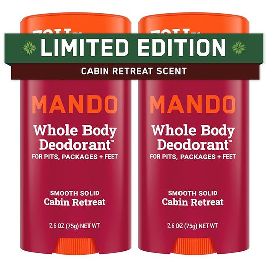 Mando Whole Body Deodorant For Men - Smooth Solid Stick - 72 Hour Odor Control - Aluminum Free, Baking Soda Free, Skin Safe - 2.6 Ounce (Pack of 2) - Cabin Retreat Limited Edition Scent