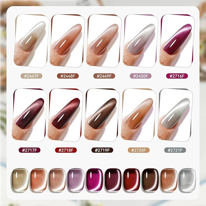 JODSONE Cat Eye Gel Nail Polish Set Pink Rose Red Sliver Collection 10 Colors Holographic Sparkle Cat Eye with Base Coat Top Coat Magnet DIY Nail Art Gift