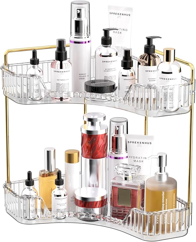 GTI 2 Tier Bathroom Counter Organizer, Multi-Function Corner Bathroom Organizer Countertop,Makeup Organizer Perfume for Dresser Vanity Tray, Spice Rack Organizer for Kitchen (Clear)