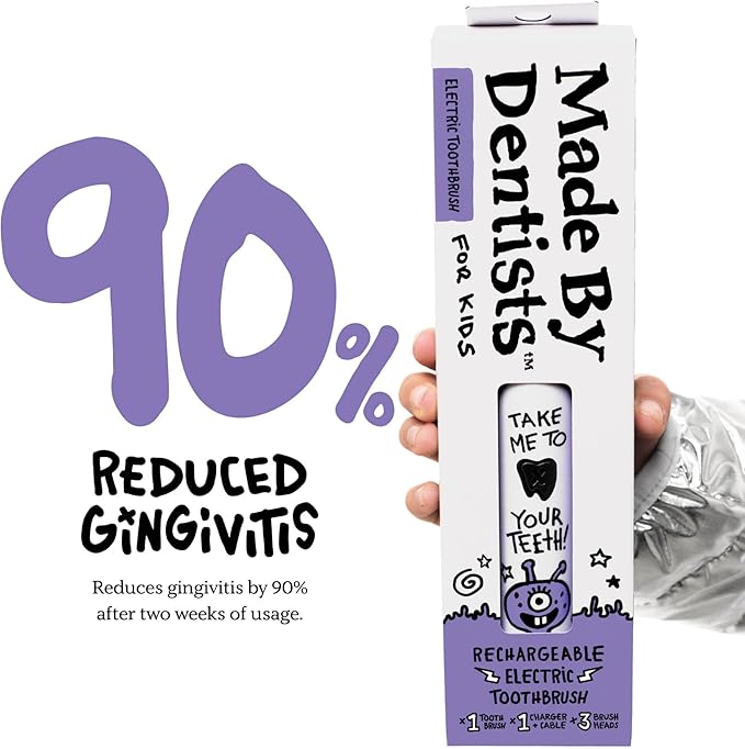 Made by Dentists Kids Electric Toothbrush - Rechargeable Vibrating Toothbrush with Timer, Includes 6 Replacement Heads, Gently Cleans Teeth, Girls and Boys, Kid & Toddlers Age 2+, Alien