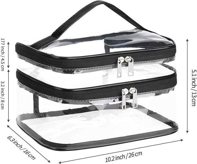 HAOGUAGUA Double Layer Clear Cosmetic Bag Makeup Bag, Waterproof Travel Toiletry Bag, Transparent PVC Pouch Organizer (Black-large)