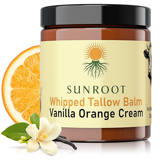 Whipped Tallow Balm, Vanilla Orange Cream Moisturizer, Natural Ingredients, Glass Jar, 2.85 oz, Face and Body Care