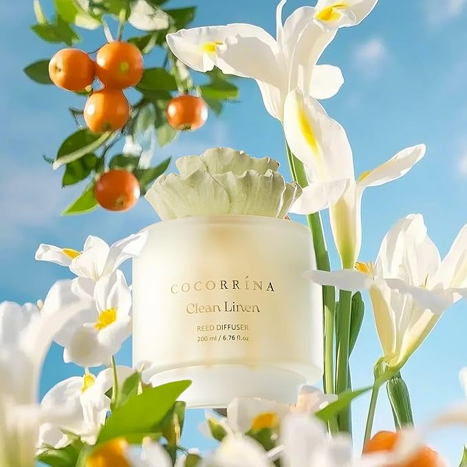 COCORRÍNA Gypsum Flower Reed Diffuser - Clean Linen Scent, 6.76 oz Oil with 8 Sticks, Long - Lasting Home Fragrance for Bathroom Décor