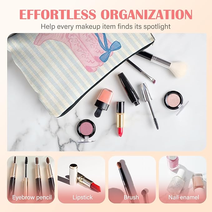 Blue Pink Western Makeup Bag for Women, Cowgirl Gifts for Women, Preppy Western Cosmetic Bag for Purse, Trendy Girly Pink Cowgirl Boot Blue Striped Makeup Zipper Pouch