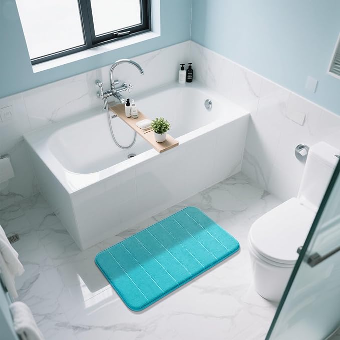 Yimobra Memory Foam Bath Mat, Super Soft Absorbent Bathroom Rug Non Slip 31.5x20 Inch, Quick Dry, Machine Washable Floor Carpet for Tub Shower, Home Decor Accessories, Lake Blue