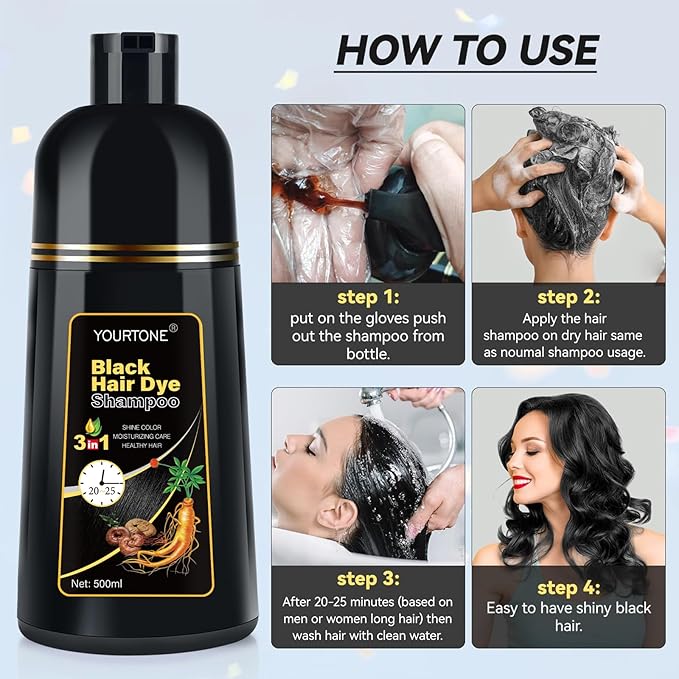 Black Hair Dye Shampoo Instant & Easy 3-in-1 Hair Color Solution for Men and Women - Herbal Formula, Ammonia-free, Lasts 30 Days - 16.90 oz