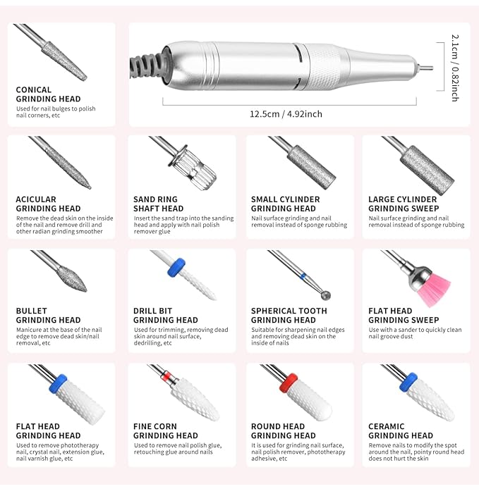 Electric Nail File Professional Kit - 45000RPM Portable Nail Drill Electric File with 11 Bits & Base丨LED Screen丨Ultra-Silent, Rechargeable Nail Drills Machine for Acrylic Nails Gel Polishing (Pink)