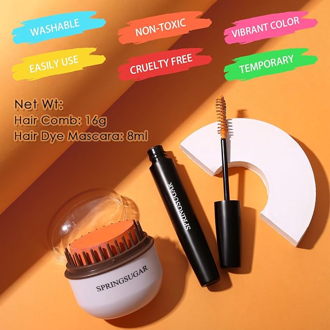 Orange Temporary Hair Chalk Color Comb + Washable Hair Mascara Dye for Girls Kids, Makeup Vibrant Dye Hair Colors for Halloween, Cosplay, Sporting Events, DIY Hair Parties Christmas