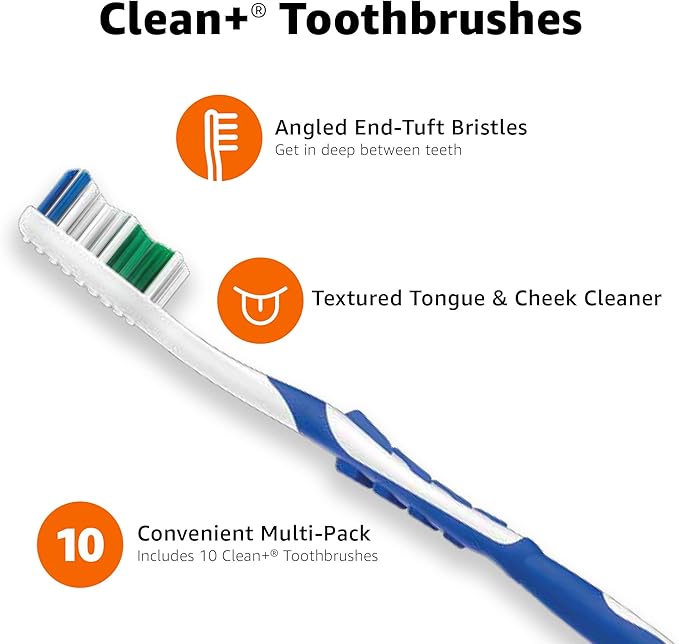 Amazon Basics Toothbrush, Soft, Full | 10 Count | Assorted Colors | Pack of 2
