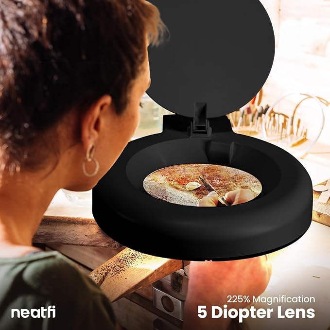 Neatfi (New Model) LED Magnifying Lamp with Clamp, 12W, 60 SMD LEDs, Adjustable Step Dimming Brightness, Desk Lamp Magnifier Light for Crafts, Painting, and Hobbies (Black, 5-Diopter)
