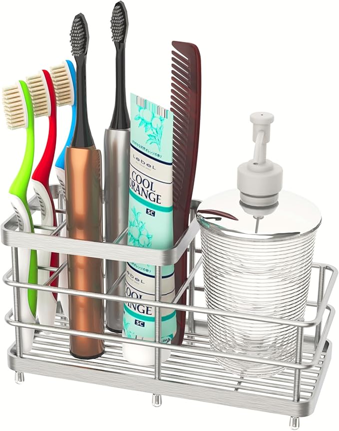 Toothbrush Holders, WHALCHI Bathroom Toothbrush Organizer 6 Slots Rustproof Metal Toothbrush and Toothpaste Holder, Silver, L