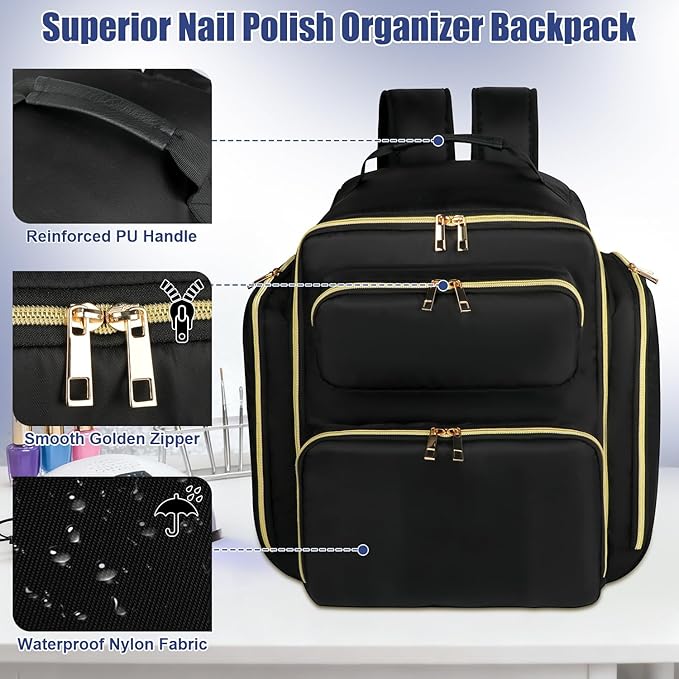 Nail Polish Organizer Backpack Holds 140 Bottles& UV Lamp, Extra Large Nail Art Supplies Storage Bag with 4 Removable Sponge Pouches, Travel Carry Case for Gel Polishes, Nail Tools& Nail Kits