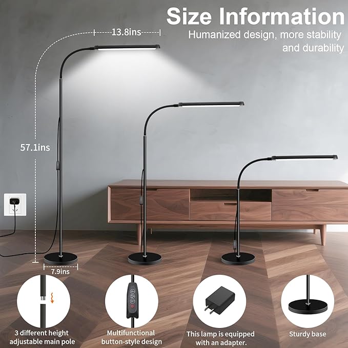 Modern LED Floor Lamp for Reading in Black, Bright 12W Dimmable Standing Light with Adjustable Gooseneck, 3 Color Temperatures, for Living Room corner, Office, Study Room, bedroom bedside nursery,lash