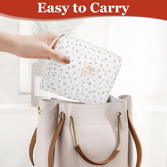 Floral Makeup Bag, Small Cosmetic Bag for Women Girls, Cute Cotton Makeup Bag, Quilted Makeup Bags, Flower Travel Toiletry Organizer Bag(White Cherry)