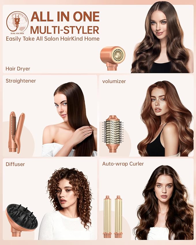 [Dual Voltage] webeauty 6 in 1 Hot Air Styler, High-Speed Negative Ionic Hair Dryer with Auto Curlers, Professional Blow Dryer Brush, Diffuser, Volumizer Multiple Styling, No Heat Damage