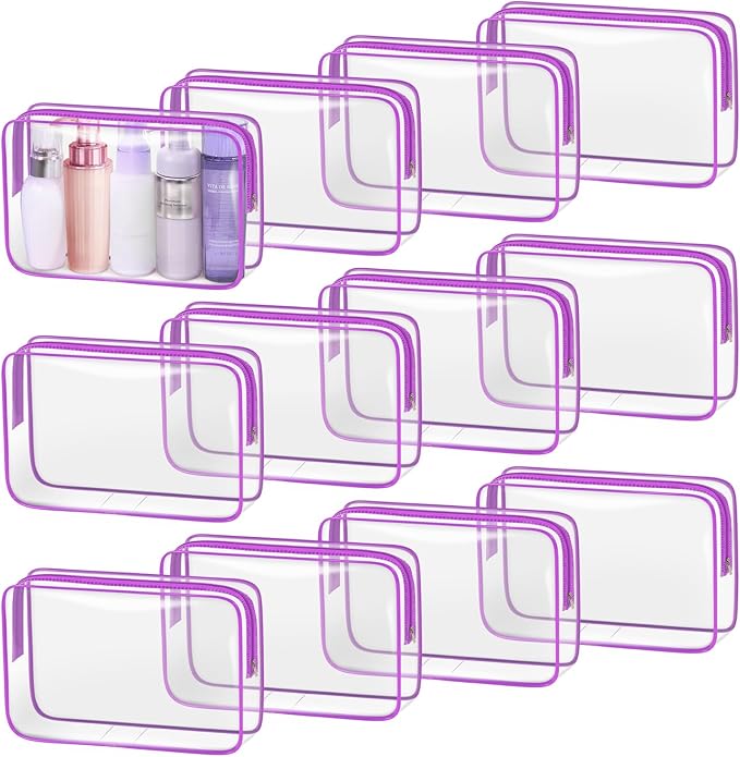 TISRATOK 12 PCS Clear Makeup Bag for Women with Zipper, TSA Approved Toiletry Pouch, Cosmetic Bag Bulk for Travel Organizer Essentials - Purple, Large