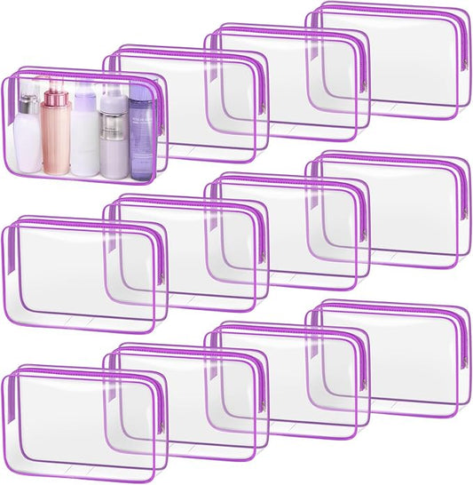 TISRATOK 12 PCS Clear Makeup Bag for Women with Zipper, TSA Approved Toiletry Pouch, Cosmetic Bag Bulk for Travel Organizer Essentials - Purple, Large