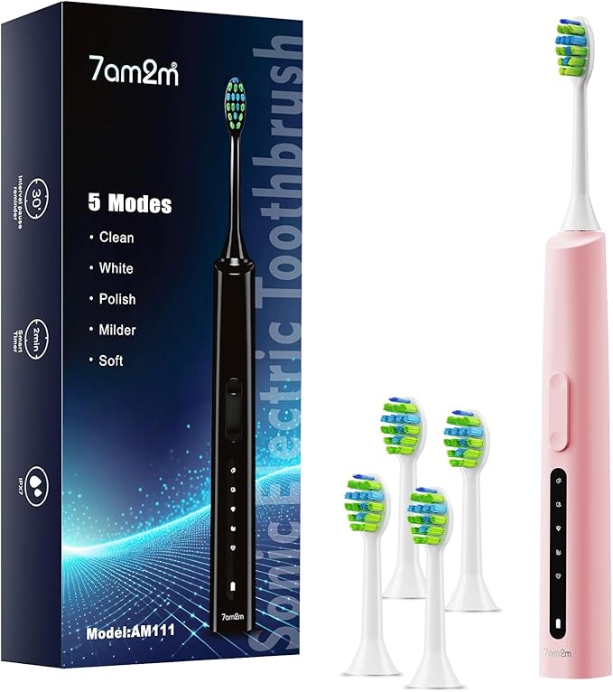 7AM2M Sonic Electric Toothbrush, High Power Rechargeable Toothbrushes, 5 Modes with 2 Minutes Built in Smart Timer, with 4 Brush Heads for Adults and Kids, One Charge for 60 Days (Pink)