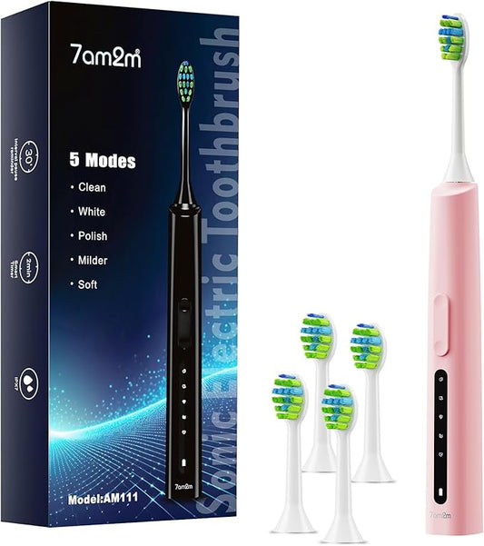 7AM2M Sonic Electric Toothbrush, High Power Rechargeable Toothbrushes, 5 Modes with 2 Minutes Built in Smart Timer, with 4 Brush Heads for Adults and Kids, One Charge for 60 Days (Pink)