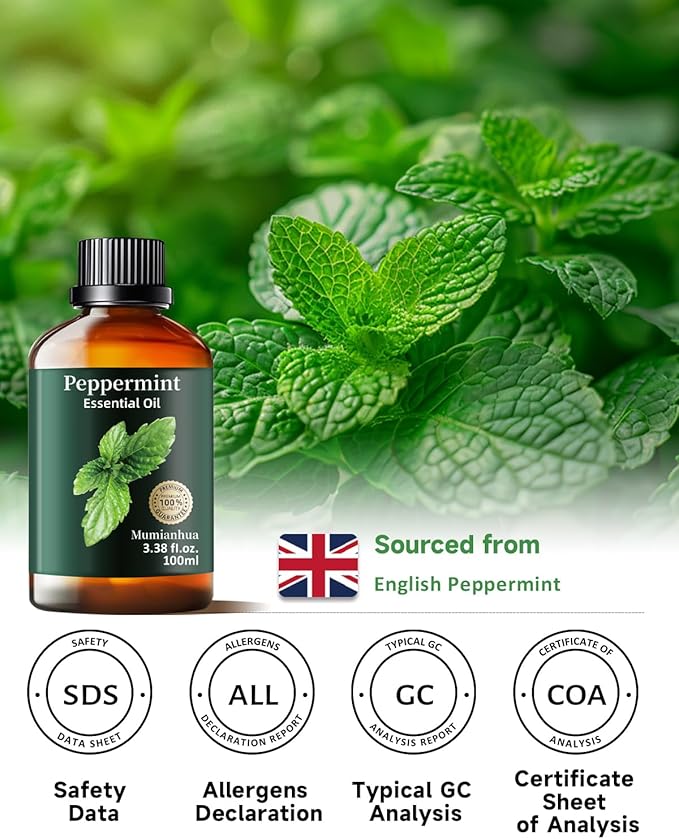 Peppermint Essential Oil Pure, Mumianhua Natural Peppermint Oil for Diffuser, Aromatherapy, Skin, Hair,SPA, DIY, Soap Making,Cleaning 3.38 Fl Oz