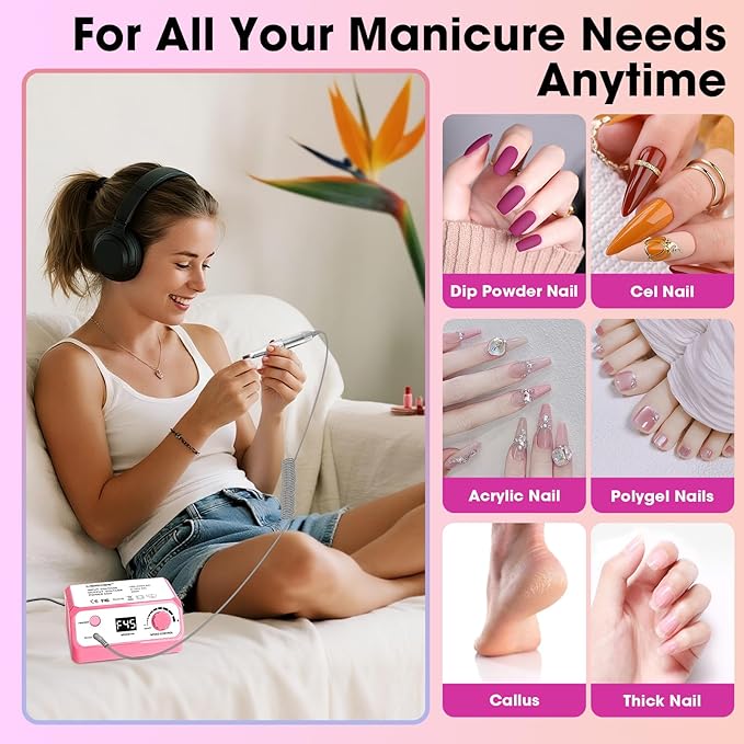 Nail Drill Professional 45000RPM Drils Nail Electric Nail File Nails Drill with Sanding Bands and Nail Drill Bits for Acrylic, Gel Nail Manicure & Pedicure, Pink